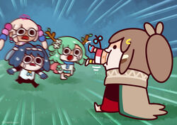  5girls antlers branch brown_hair ceres_fauna ceres_fauna_(1st_costume) chibi cloak commentary crying crying_with_eyes_open dark-skinned_female dark_skin eating english_commentary feathers flower grass green_hair hair_flower hair_intakes hair_ornament hakos_baelz headband highres holocouncil hololive hololive_english horns keenbiscuit limiter_(tsukumo_sana) long_hair mouse_girl multiple_girls nanashi_mumei nanashi_mumei_(1st_costume) ouro_kronii outdoors ponytail short_hair sweatdrop teardrop tears tsukumo_sana tsukumo_sana_(1st_costume) twintails twitter_username virtual_youtuber vore x_navel 