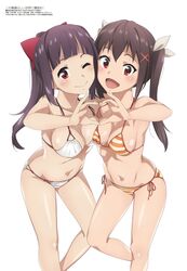  2girls :d ;d absurdres arm_behind_back ass bare_shoulders bent_over bikini black_hair blunt_bangs blush bow breast_press breasts brown_hair cleavage closed_mouth collarbone dodonko_(konosuba) eyelashes feet_out_of_frame foot_up funifura hair_between_eyes hair_ornament hair_ribbon hairbow hand_on_another&#039;s_hand heart heart_hands highres kimura_yukitaka kono_subarashii_sekai_ni_bakuen_wo! kono_subarashii_sekai_ni_shukufuku_wo! leaning_forward long_hair looking_at_viewer magazine_scan medium_breasts megami_magazine multiple_girls navel non-web_source official_art one_eye_closed open_mouth orange_bikini ponytail promotional_art red_bow red_eyes red_pupils red_ribbon ribbon scan side-by-side side-tie_bikini_bottom simple_background skindentation smile standing string_bikini striped_bikini striped_clothes swimsuit translated twintails underboob white_background white_bikini white_ribbon x_hair_ornament yellow_bikini 