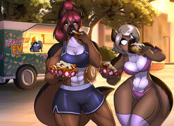  abs andrea_rayne anthro armadillo athletic athletic_female athletic_wear bikini bottomwear bra breasts canid canine canis cleavage clothed clothing commercial_vehicle delivery_(commerce) delivery_vehicle detailed detailed_food dolphin_shorts domestic_dog dora_schutzhund duo_focus eating female food food_truck fries fully_clothed german_shepherd group gym_bottomwear gym_shorts herding_dog hybrid mammal medium_truck midriff multi-stop_van muscular muscular_female navel pastoral_dog pink_bikini pink_clothing pink_swimwear procyonid raccoon racoonadillo sandwich_(food) shorts sports_bra submarine_sandwich swimwear thick_thighs toughset trio truck_(vehicle) underwear van vehicle xenarthran 