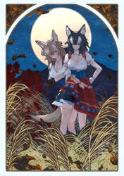  2girls animal_ears arm_at_side autumn_leaves backlighting bare_arms behind_another black_hair blue_eyes blush border breasts brown_hair cleavage closed_mouth collarbone corset dirndl empty_eyes flower full_moon german_clothes gloves grey_wolf_(kemono_friends) hair_between_eyes hand_on_another&#039;s_arm hand_on_own_hip heterochromia highres huge_moon japanese_wolf_(kemono_friends) jewelry kemono_friends large_breasts leaf leaning_to_the_side legs_apart light_smile looking_at_another looking_at_viewer moon multicolored_hair multiple_girls night night_sky official_alternate_costume outdoors outline pendant scoop_neck skirt sky standing star_(sky) starry_sky tail two-tone_hair white_gloves white_hair wind wolf_ears wolf_girl wolf_tail yappa_muri yellow_eyes 