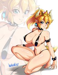  absurdres armlet bad_id bad_twitter_id bare_shoulders barefoot black_collar blonde_hair blue_eyes bowsette bracelet breasts closed_mouth collar commentary danmakuman earrings english_commentary fang_out female fingernails full_body highres horns jewelry large_breasts lingerie long_fingernails looking_at_viewer mario_(series) new_super_mario_bros._u_deluxe oerba_yun_fang pointy_ears ponytail sharp_teeth signature smile solo spiked_armlet spiked_bracelet spiked_collar spiked_tail spikes super_crown tail teeth toes underwear 