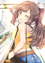  bag bare_shoulders belt blush bow bracelet breasts brown_eyes brown_hair commentary_request crop_top denim escalator female hairbow idolmaster idolmaster_shiny_colors jeans jewelry large_breasts long_hair looking_back midriff one_eye_closed pants ponytail shiitake_taishi shoulder_bag sleeveless smile solo tongue tongue_out tsukioka_kogane 