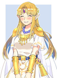  ^_^ alternate_color armor blonde_hair blush breasts cape closed_eyes commentary commission cowboy_shot dress earrings female gold grin happy jewelry long_hair necklace ooshio7734 pointy_ears princess_zelda shoulder_armor sidelocks skeb_commission smile solo super_smash_bros. the_legend_of_zelda the_legend_of_zelda:_a_link_between_worlds triforce triforce_earrings white_dress 