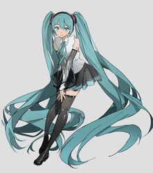  absurdly_long_hair amg_(amo10) aqua_eyes aqua_hair bad_id bad_twitter_id black_skirt black_thighhighs boots closed_mouth commentary detached_sleeves female full_body grey_background hatsune_miku hatsune_miku_(nt) highres long_hair looking_at_viewer piapro simple_background skirt solo symbol-only_commentary tattoo thigh_boots thighhighs twintails very_long_hair vocaloid 