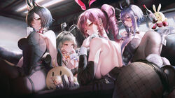  4girls ace_(playing_card) ace_of_spades alternate_costume animal_ears ass azur_lane back backless_leotard bare_back bare_shoulders between_breasts black_bow black_bowtie black_hair black_leotard black_pantyhose black_thighhighs blue_hair blush bottle bow bowtie breasts card casino_card_table cleavage closed_mouth commentary creator_connection crossed_legs cup detached_sleeves drill_hair drill_ponytail drinking_glass duca_degli_abruzzi_(azur_lane) earrings fake_animal_ears feet_out_of_frame finger_to_mouth fishnet_pantyhose fishnets foch_(azur_lane) from_side giuseppe_garibaldi_(azur_lane) gloves grey_hair highres holding holding_card holding_tray jewelry korean_commentary large_breasts leaning_forward leotard long_hair looking_at_another looking_at_viewer looking_down manjuu_(azur_lane) medium_breasts multiple_girls open_mouth orange_bow orange_bowtie pantyhose playboy_bunny playing_card poker_chip poker_table purple_eyes rabbit_ears rabbit_tail red_bow red_bowtie red_eyes red_hair short_hair sideboob sitting sitting_on_table solfi0211 spade_(shape) table tail teeth thighhighs thighs tray ulrich_von_hutten_(azur_lane) upper_teeth_only white_gloves wine_bottle wine_glass yellow_eyes 