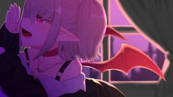  :d belt_collar black_jacket blurry blurry_background blush closed_eyes collar commentary curtains demon_wings depth_of_field fangs female from_side grey_hair hand_up head_wings heart heart-shaped_pupils highres indoors jacket jewelry laughing long_sleeves makaino_ririmu makaino_ririmu_(2nd_costume) medium_hair multicolored_hair necklace nijisanji oerba_yun_fang off-shoulder_jacket off_shoulder open_mouth pointy_ears profile red_eyes red_wings shit short_hair skin_fang sleeves_past_wrists smile solo spoken_symbol symbol-shaped_pupils twintails utsusumi_kio virtual_youtuber whispering window wings 