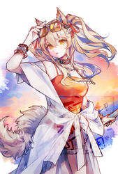  absurdres adjusting_eyewear angelina_(arknights) angelina_(summer_flower)_(arknights) animal_ears arknights black_collar bracelet breasts brown_eyes brown_hair casual_one-piece_swimsuit chains collar cowboy_shot earpiece eyewear_on_head female fox_ears fox_girl fox_tail gloves hair_between_eyes hair_ribbon hand_on_eyewear highres holding infection_monitor_(arknights) jewelry long_hair looking_at_viewer medium_breasts mido_(mido_chen) necklace official_alternate_costume one-piece_swimsuit parted_lips red_one-piece_swimsuit red_ribbon ribbon simple_background single_glove solo spaghetti_strap sunglasses swimsuit swimsuit_cover-up tail twintails twitter_username white_background white_gloves 