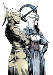  2girls armor bad_id bad_twitter_id blue_eyes corset dark_souls_(series) dark_souls_i dark_souls_iii darkmoon_knightess full_armor gado gauntlets helmet multiple_girls shoulder_armor sirris_of_the_sunless_realms veil white_headwear 