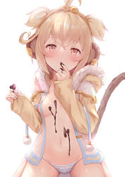  ahoge alternate_costume andira_(granblue_fantasy) animal_ears barefoot blonde_hair blue_panties blush breasts brown_eyes brown_tail chocolate chocolate_on_body chocolate_on_breasts chocolate_on_hand drawstring erune female finger_to_mouth food_on_body food_on_hand fur_trim granblue_fantasy hands_up heart highres hood hoodie kimblee long_sleeves looking_at_viewer monkey_ears monkey_girl monkey_tail navel open_clothes open_hoodie panties short_hair simple_background sitting small_breasts solo stomach striped_clothes striped_panties tail tail_raised tiara underwear wariza white_background 