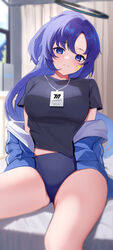  absurdres ass_visible_through_thighs black_shirt blue_archive blue_buruma blue_eyes blue_jacket blurry blurry_background blush breasts buruma closed_mouth commentary_request curtains eyelashes female halo head_tilt highres hitachi_sou indoors jacket large_breasts long_hair looking_at_viewer off_shoulder official_alternate_costume on_bed open_clothes open_jacket paid_reward_available parted_bangs purple_hair red_pupils shirt short_sleeves sitting smile solo sportswear star_sticker thighs very_long_hair yuuka_(blue_archive) yuuka_(track)_(blue_archive) 