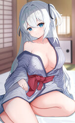  architecture arm_support armpit_crease bare_legs bare_shoulders blue_eyes blurry blurry_background breasts cleavage closed_mouth collarbone commentary_request east_asian_architecture eyelashes eyes_visible_through_hair female futon grey_kimono hair_between_eyes half_updo head_tilt highres hitachi_sou indoors japanese_clothes kimono large_breasts light_blush long_hair long_sleeves looking_at_viewer no_bra off_shoulder original paid_reward_available pinstripe_kimono red_sash ryokan sash shiraga_(hitachi_sou) sidelocks sitting smile solo tatami thighs two_side_up very_long_hair white_hair wide_sleeves yokozuwari yukata 