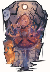  absurdres bare_tree basket betabeet black_cape blonde_hair blush border bow bowtie bug building cagliostro_(granblue_fantasy) cagliostro_(halloween)_(granblue_fantasy) candy cape cobblestone commentary dress english_commentary female fence food frilled_dress frills full_body full_moon ghost giving granblue_fantasy grin halloween halloween_bucket head_tilt highres holding holding_basket holding_candy holding_food hood hood_up hooded_cape long_hair looking_at_viewer moon night night_sky official_alternate_costume orange_bow orange_bowtie orange_dress outdoors outstretched_hand puffy_short_sleeves puffy_sleeves pumpkin pumpkin_print purple_eyes short_sleeves simple_background sky smile solo spider tree white_background 