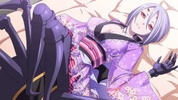  arachne arthropod_girl artist_request breasts carapace claws cleavage extra_eyes female game_cg hair_between_eyes japanese_clothes kimono large_breasts looking_at_viewer lying monster_girl monster_musume_no_iru_nichijou monster_musume_no_iru_nichijou_online multiple_legs obi official_alternate_costume official_art on_back on_bed purple_hair purple_kimono rachnera_arachnera red_eyes sash short_hair smile solo spider_girl taur 