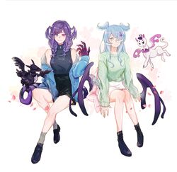  2girls bare_shoulders black_footwear black_pants black_shirt blue_eyes blue_hair blue_hoodie boots braid dragon dragon_girl dragon_tail dragon_wings elira_pendora ember_(selen_tatsuki) eyelashes green_sweater grey_legwear hair_over_one_eye head_wings heterochromia highres hood hoodie long_hair long_sleeves looking_at_viewer medium_hair miniskirt multiple_girls muzzle naomiaoi4 nijisanji nijisanji_en official_alternate_costume one_eye_covered pants pikl_(elira_pendora) pointy_ears protected_link purple_eyes purple_hair selen_tatsuki shirt shirt_tucked_in shoes siblings sisters sitting skirt sleeveless smile socks sweater tail turtleneck twin_braids virtual_youtuber white_background white_skirt wings 