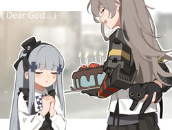  2girls aged_down alternate_costume arm_behind_back black_cat cake closed_eyes commentary_request english_text facial_mark feline food girls&#039;_frontline grey_hair hair_ornament hairband hat highres hk416_(black_kitty&#039;s_gift)_(girls&#039;_frontline) hk416_(girls&#039;_frontline) long_hair long_sleeves mechanical_arms mini_hat multiple_girls official_alternate_costume open_mouth outline own_hands_clasped own_hands_together photo-referenced scar scar_across_eye scar_on_face sidelocks single_mechanical_arm tianliang_duohe_fangdongye ump45_(girls&#039;_frontline) ump45_(mod3)_(girls&#039;_frontline) white_outline 