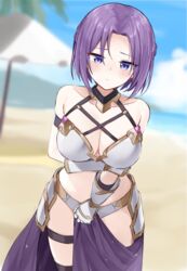  arm_under_breasts armor bad_id bad_pixiv_id beach bikini bikini_armor blue_eyes blue_sky blurry blurry_background blush braid breasts cleavage closed_mouth cloud collarbone commentary covering_crotch covering_privates day depth_of_field female gauntlets halterneck hand_on_own_arm highres jitome jun_(princess_connect!) jun_(summer)_(princess_connect!) looking_at_viewer medium_breasts outdoors parted_bangs princess_connect! purple_hair sand sarong shengtian short_hair sky solo standing swimsuit umbrella water white_bikini 