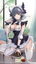  absurdres animal_band animal_ears apron arm_garter azur_lane book breasts cheshire_(azur_lane) cleavage detached_sleeves fake_animal_ears female flower frilled_hairband frilled_ribbon frills garter_straps hairband hand_up highres holding holding_book k/a kneeling large_breasts maid maid_headdress multicolored_hair no_shoes puffy_detached_sleeves puffy_sleeves purple_apron ribbon rose short_hair skirt solo streaked_hair thighhighs two-tone_hair white_skirt white_thighhighs wrist_cuffs 