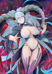  aqua_hair black_panties braid breasts cleavage closed_mouth commentary_request crossed_bangs crown_braid curled_horns dragon_girl dragon_horns fate/grand_order fate_(series) female fingernails green_horns green_nails hair_between_eyes highres horns large_breasts large_horns larva_tiamat_(fate) larva_tiamat_(third_ascension)_(fate) long_hair looking_at_viewer nakaga_eri navel panties pink_eyes pubic_tattoo smile solo stomach symbol-shaped_pupils tattoo tiamat_(fate) underwear very_long_hair x-shaped_pupils 