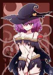  absurdres alternate_costume bare_shoulders blush border breasts bright_pupils brown_background cleavage collarbone cowboy_shot crescent_moon female fur_trim ghost halloween halloween_costume hand_on_own_chest hat hat_ornament heart heart_hat_ornament heart_of_string highres komeiji_satori looking_at_viewer medium_breasts moon navel pink_eyes pink_hair scavia10 short_hair sidelocks signature simple_background skirt solo standing stomach string thighs third_eye tombstone torn_clothes torn_skirt touhou underboob white_pupils witch_hat 