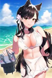  &gt;_&lt; :3 animal_ears atago_(azur_lane) atago_(summer_march)_(azur_lane) azur_lane beach bikini bikini_skirt black_hair blue_sky blurry blurry_background blush breasts choker cleavage closed_mouth cloud cloudy_sky commentary cowboy_shot day eyelashes female floating flower hair_between_eyes hair_flower hair_ornament hair_ribbon hand_on_own_hip kayoubi_(tuesday_91) large_breasts lips long_hair looking_at_viewer navel ocean official_alternate_costume outdoors ribbon sky smile solo standing stomach swept_bangs swimsuit thigh_gap turret white_bikini white_choker white_ribbon yellow_eyes 