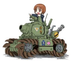  anglerfish atapon_(atapon21) brown_eyes brown_hair caterpillar_tracks commentary_request emblem female fish gatling_gun girls_und_panzer metal_slug military military_vehicle motor_vehicle nishizumi_miho ooarai_(emblem) ooarai_military_uniform open_mouth shirt short_hair solo sv001_(metal_slug) tank white_background 