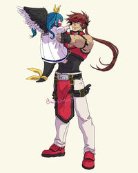  1boy abs aged_down alternate_universe angel_wings asymmetrical_wings belt brown_hair carrying dizzy_(guilty_gear) english_text father_and_daughter female guilty_gear guilty_gear_x guilty_gear_xx headband highres lolicon long_hair ponytail simple_background smile smirkingcat sol_badguy staring twitter_username wings 