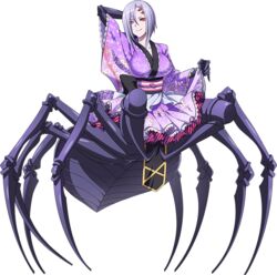  arachne arm_behind_head arthropod_girl artist_request bad_source breasts carapace claws extra_eyes female full_body hair_between_eyes japanese_clothes kimono large_breasts monster_girl monster_musume_no_iru_nichijou monster_musume_no_iru_nichijou_online multiple_legs obi official_alternate_costume official_art purple_hair purple_kimono rachnera_arachnera red_eyes sash short_hair smile solo spider_girl taur transparent_background 