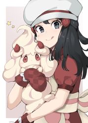  :q alcremie alcremie_(strawberry_sweet) apron artist_name black_hair border bright_pupils chef_hat closed_mouth commentary dawn_(palentine&#039;s_2021)_(pokemon) dawn_(pokemon) dress eyelashes female grey_eyes hair_ornament hairclip hat highres holding holding_pokemon light_blush long_hair milka_(milk4ppl) mittens official_alternate_costume outside_border oven_mitts pokemon pokemon_(creature) pokemon_masters_ex red_dress red_mittens short_sleeves sidelocks smile star_(symbol) tongue tongue_out white_border 