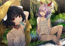  2girls absurdres animal_ears bare_arms bare_legs bare_shoulders black_hair bob_cut bottle bush closed_eyes commentary_request curly_hair daimaou_ruaeru dress food food_in_mouth forest fruit grass headdress highres ice ice_cube inaba_tewi long_hair looking_at_viewer multiple_girls nature open_mouth outdoors popsicle popsicle_in_mouth purple_hair rabbit_ears ramune red_eyes reisen_udongein_inaba short_hair smile soaking_feet stream sundress sunlight touhou tree very_long_hair water watermelon wavy_hair 