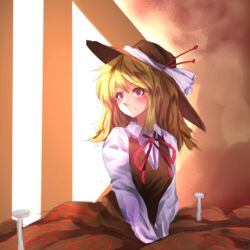  bow breasts brown_hat brown_skirt brown_vest collared_shirt commentary_request fedora female hat hat_bow jacket_girl_(dipp) medium_breasts medium_hair neck_ribbon partial_commentary red_eyes red_hat red_ribbon ribbon shirt sitting skirt smile solo stake teruteru12 touhou vest wavy_hair white_bow 