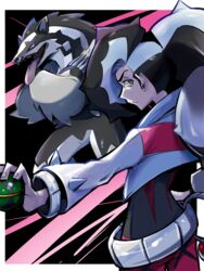  1boy ayo_(ayosanri009) belt black_hair closed_mouth commentary cropped_jacket dusk_ball eyeshadow green_eyes grey_hair half-closed_eyes holding holding_poke_ball jacket long_hair long_sleeves looking_back makeup male_focus multicolored_hair obstagoon outstretched_arm piers_(pokemon) poke_ball pokemon pokemon_(creature) pokemon_swsh two-tone_hair white_jacket x_arms 