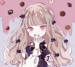  :/ blunt_bangs blush bow chocolate chocolate_on_face chocolate_on_hand closed_mouth expressionless female food food_on_face food_on_hand frilled_shirt_collar frills hairbow hand_to_own_mouth heart holding holding_heart lace-up_top light_brown_hair long_hair looking_at_viewer myaco9 neck_ribbon original puffy_sleeves purple_eyes ribbon signature solo vest wavy_hair 