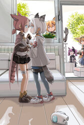  5girls :o adjusting_clothes ahoge among_us animal_ear_fluff animal_ears arknights black_dress black_skirt blonde_hair blue_eyes brown_cape brown_footwear brown_gloves brown_hair cape choker commentary couch crewmate_(among_us) door dress english_commentary eye_contact face-to-face flower flower_pot fox_ears fox_girl fox_tail full_body glass_door gloves green_eyes grey_legwear hair_ornament hairband hairclip highres holding holding_removed_eyewear indoors jacket leg_wrap looking_at_another mechanical_arms morte_(arknights) multiple_girls multiple_tails myrrh_(arknights) official_alternate_costume orange_eyes pantyhose prosthesis prosthetic_arm purple_hair raccoon_tail shamare_(arknights) shamare_(echo_of_the_horrorlair)_(arknights) shoes short_hair sidelocks single_mechanical_arm sixten skirt smile standing stuffed_toy sussurro_(arknights) suzuran_(arknights) tail tree unworn_eyewear vermeil_(arknights) white_(among_us) white_footwear white_gloves white_hair white_jacket wide_sleeves window yuri 