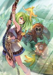  2others ape armor backpack bag banana banana_peel blue_eyes boots breastplate brown_footwear brown_gloves commentary_request female food foot_out_of_frame fruit gloves green_hair light_rays long_hair looking_at_another looking_back mask multiple_others navel okishiji_en open_mouth ragnarok_online rope shorts slingshot_(weapon) sunbeam sunlight super_novice_(ragnarok_online) swinging throwing tree white_shorts wooden_floor wootan_(ragnarok_online) 