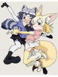  2girls ;) ;d animal_ear_fluff animal_ears arm_up arms_around_waist beige_background black_footwear black_skirt blonde_hair brown_eyes common_raccoon_(kemono_friends) fennec_(kemono_friends) fox_ears fox_tail grey_hair hug kemono_friends legs_up looking_at_viewer multiple_girls oerba_yun_fang one_eye_closed open_mouth pink_shirt protected_link purple_shirt raccoon_ears raccoon_tail satou_asuka shirt skin_fang skirt smile tail thighhighs white_skirt white_sleeves 