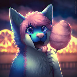  1:1 2017 5_fingers amusement_ride anthro berube blue_body blue_eyes blue_fur blurred_background bust_portrait candy canid canine cheek_tuft chest_tuft dessert digital_media_(artwork) digital_painting_(artwork) facial_tuft ferris_wheel fingers food fox front_view fur glistening glistening_eyes hair looking_at_viewer male mammal mylafox neck_tuft nude open_mouth open_smile pink_body pink_fur pink_hair pink_nose pink_tongue portrait smile solo text tongue tongue_out tuft url white_body white_fur 