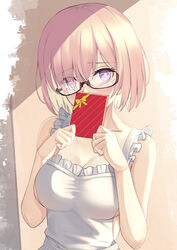  alternate_costume apron bare_shoulders blush box breasts cleavage collarbone fate/grand_order fate_(series) female gift gift_box glasses hair_over_one_eye highres large_breasts light_purple_hair looking_at_viewer mash_kyrielight mishiro_(ixtlolton) naked_apron parody purple_eyes short_hair solo style_parody takeuchi_takashi_(style) valentine 