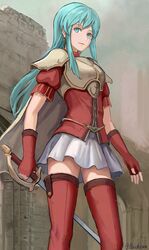  armor artist_name blue_eyes blue_hair breastplate closed_mouth dress_shirt earrings eirika_(fire_emblem) female fingerless_gloves fire_emblem fire_emblem:_the_sacred_stones gloves highres holding holding_sword holding_weapon jewelry long_hair miniskirt pleated_skirt red_gloves red_shirt red_thighhighs samohichi shirt short_sleeves shoulder_armor skirt solo standing straight_hair sword thighhighs twitter_username very_long_hair weapon white_skirt zettai_ryouiki 