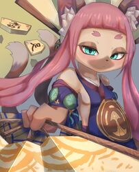  anthro blue_clothing breasts caravan_stories clothed clothing collarbone felid female flyer_(pixiv) hair hand_fan hi_res holding_object inner_ear_fluff looking_at_viewer mammal multi_tail nerul pink_hair shogi solo tail tuft 