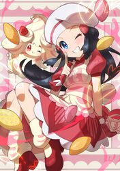  absurdres alcremie alcremie_(strawberry_sweet) apron black_hair blue_eyes blush clenched_teeth commentary_request dawn_(palentine&#039;s_2021)_(pokemon) dawn_(pokemon) dress eyelashes female floating_hair grin hand_up heart highres index_finger_raised leg_warmers long_hair official_alternate_costume one_eye_closed pokemon pokemon_(creature) pokemon_masters_ex red_footwear shoes short_sleeves smile taisa_(lovemokunae) teeth 