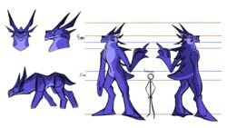  16:9 4k absurd_res ambiguous_gender antennae_(anatomy) anthro big_fingers big_hands blue_eyes concept_art feral gesture hand_gesture hi_res horn kylthe_(novaconis) middle_finger model_sheet novaconis purple_body sabre_(novaconis) size_difference stick_figure widescreen 