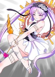  armlet arrow_(projectile) bare_shoulders black_bow blush bow bow_(weapon) dress euryale_(fate) euryale_(third_ascension)_(fate) fate/grand_order fate/hollow_ataraxia fate_(series) female flower gold_bracelet grey_background hairband holding holding_arrow holding_bow_(weapon) holding_weapon long_hair looking_at_viewer parted_lips purple_eyes purple_hair rose sabaku_chitai sandals smile solo twintails very_long_hair weapon white_dress white_flower white_footwear white_rose 