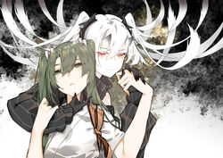  2girls abyssal_crane_princess abyssal_ship bad_id bad_pixiv_id commentary_request detached_sleeves gloves green_eyes green_hair hair_between_eyes hair_ribbon hand_on_another&#039;s_chin holding_hands horns japanese_clothes kantai_collection long_hair multiple_girls muneate neko_(ganecooo) red_eyes ribbon smile twintails white_hair white_ribbon zuikaku_(kancolle) 