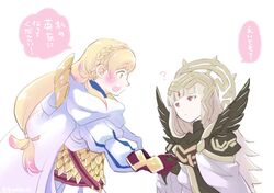  2girls ? armor black_armor black_gloves blonde_hair blush braid cape closed_mouth commentary crown crown_braid fire_emblem fire_emblem_heroes from_side gloves gradient_hair green_eyes grey_hair hair_ornament long_hair long_sleeves multicolored_hair multiple_girls open_mouth pink_hair protected_link qumaoto red_eyes scale_armor sharena_(fire_emblem) shoulder_armor simple_background translated twitter_username veronica_(brave_princess)_(fire_emblem) veronica_(fire_emblem) white_background 