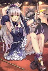  1boy :o armpits bare_shoulders blue_skirt brown_footwear chinese_commentary commentary_request copyright_request crossdressing detached_sleeves drum drum_set drumsticks flower frilled_skirt frills grey_hair hair_flower hair_ornament hairband indoors instrument knees_up lolita_fashion lolita_hairband long_hair looking_at_viewer male_focus musyne_xsk nail_polish official_art otoko_no_ko panties pantyshot photoshop_(medium) pink_nails scrunchie sitting skirt solo underwear very_long_hair white_panties wrist_scrunchie yellow_eyes 