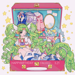  2girls ao_(ao0_0nemu) aqua_hair character_name closed_eyes clothes_hanger commentary dated drill_hair falulu falulu_(awakened) gloves green_hair hair_ornament hairband hand_up heart highres long_hair mirror multiple_girls one_eye_closed ponytail pretty_series pripara puffy_short_sleeves puffy_sleeves short_sleeves snowflake_hair_ornament snowflakes star_(symbol) twin_drills twintails unicorn_(pripara) very_long_hair white_gloves 