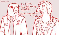  alternate_species anatid anseriform anserinae anthro avian beak bird clothing connor_(detroit) detroit:_become_human dialogue duo english_text furrification goose hank_(detroit) humor jacket necktie parakeet parrot pun royalty_(artist) text topwear true_parrot 