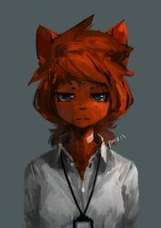  2018 anthro asper_(panzery25) band-aid bandage blue_eyes bust_portrait canid canine clothed clothing female fox front_view fur grey_background grey_dress_shirt grey_eyes hair half-closed_eyes hi_res id_card looking_at_viewer mammal narrowed_eyes orange_body orange_fur orange_hair panzery25 portrait signature simple_background solo 