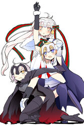  3girls arm_up armor armored_dress black_gloves black_thighhighs blonde_hair blue_eyes breasts cape capelet commentary_request elbow_gloves fate/grand_order fate_(series) fur-trimmed_cape fur-trimmed_capelet fur_collar fur_trim gauntlets gloves grey_hair gundam gundam_narrative hair_over_one_eye hair_ribbon headpiece jeanne_d&#039;arc_(fate) jeanne_d&#039;arc_(ruler)_(fate) jeanne_d&#039;arc_alter_(avenger)_(fate) jeanne_d&#039;arc_alter_(fate) jeanne_d&#039;arc_alter_santa_lily_(fate) large_breasts looking_at_viewer looking_back matsushita_yuu multiple_girls narrative_formation parody photoshop_(medium) pose ribbon short_hair simple_background thighhighs twisted_torso white_background yellow_eyes 