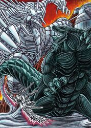  absurdres battle character_request claws commentary furuta_yoroshi giant glowing glowing_eyes godzilla godzilla:_city_on_the_edge_of_battle godzilla:_planet_of_the_monsters godzilla_(series) godzilla_earth highres kaijuu mecha mechagodzilla mechagodzilla_(godzilla:_city_on_the_edge_of_battle) monster no_humans orange_eyes red_eyes robot science_fiction size_difference super_robot tail traditional_media translation_request weapon 